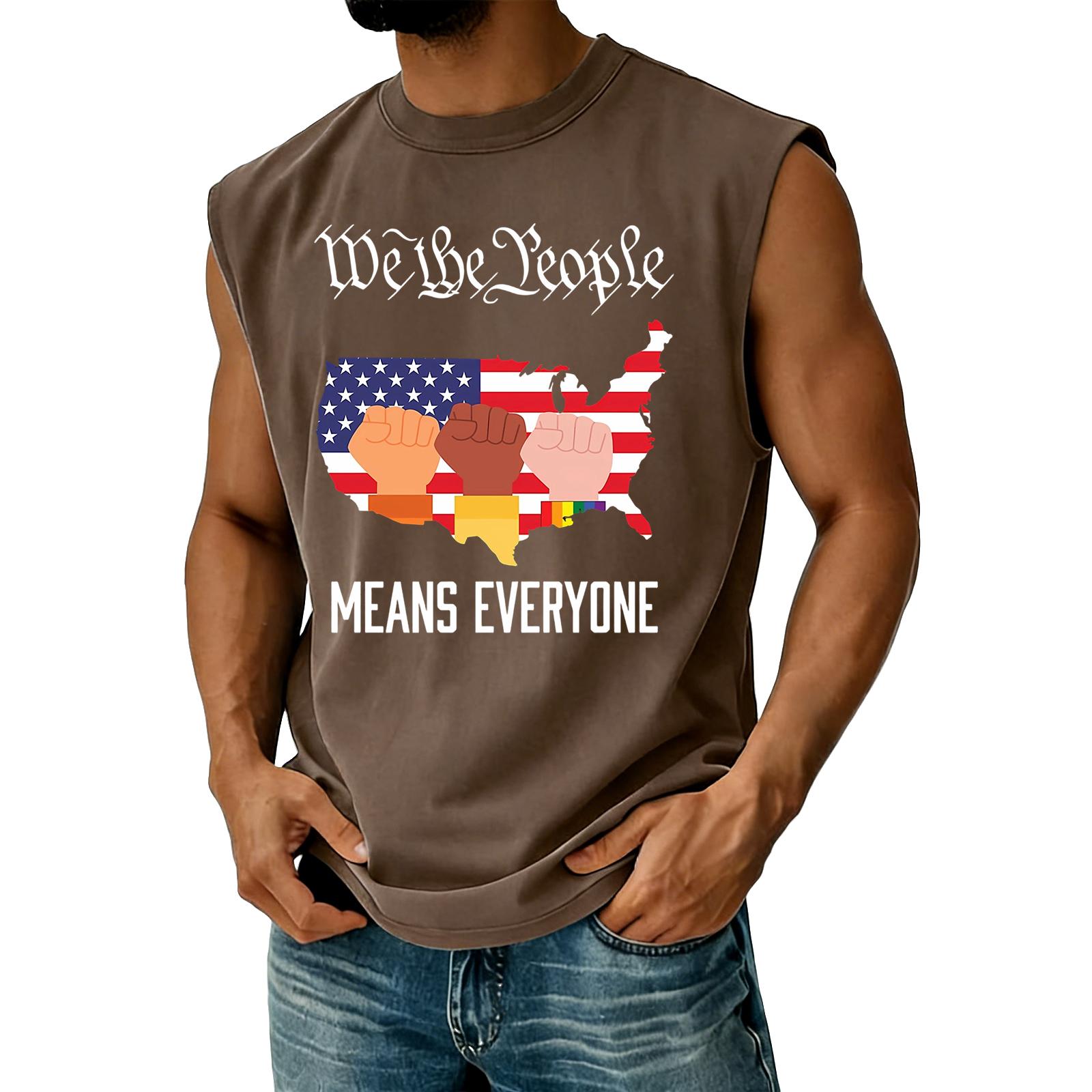 

Sleeveless Crew Neck Graphic Tee with States Map and Raised Fists Print Comfortable Cotton Material Casual Fit Top S