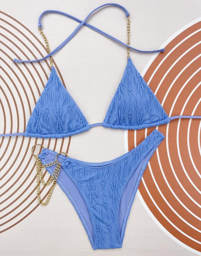 Women's Swimwear Solid Color Halter Neck Strap Triangle Bag Sexy Chain Bikini Set Beachwear Bathing Suits