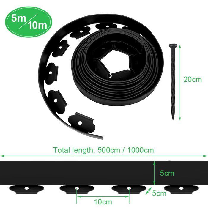 Bordure de jardin flexible 5 m x 5 cm en PE - Noir avec 15 piquets anti-gel