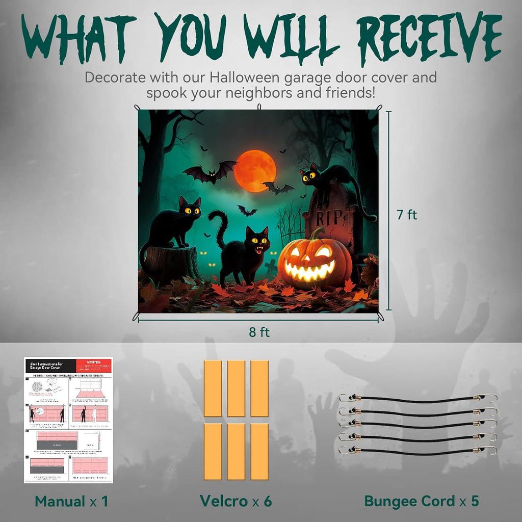 Halloween Garage Door Cover Decor, 7X8Ft Outdoor Party Backdrop