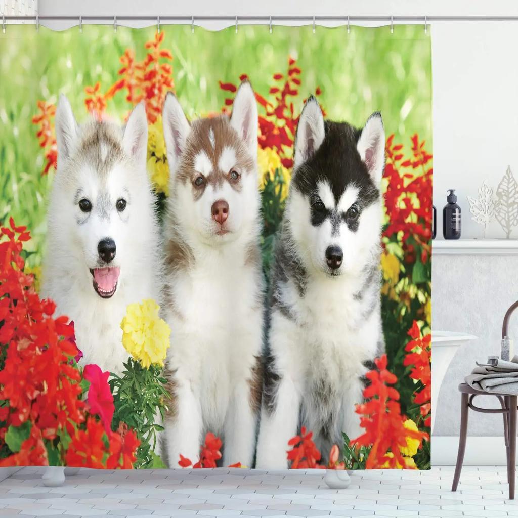 Süßer Sibirischer Husky Duschvorhang Weihnachtlicher Duschvorhang Set Husky Hund Welpe Badezimmervorhang Haustier Hunde Weihnachten Heimdekoration