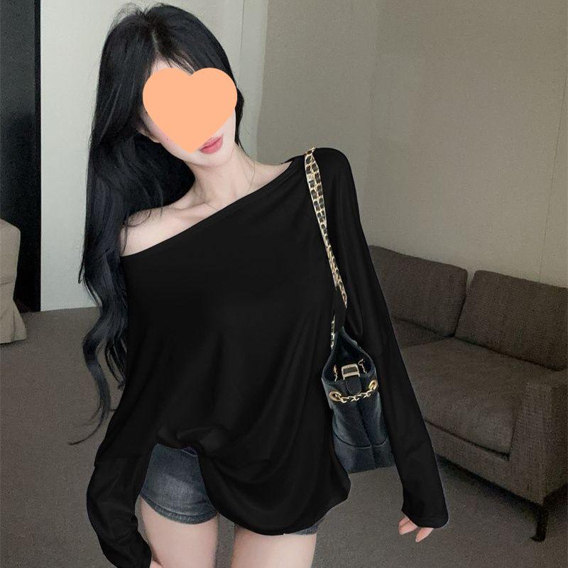 

Korean Style One-Shoulder Long-Sleeve Women s T-Shirt, Slimming and Flattering Autumn Base Layer with Belt, Beautiful New Arrival One Size чёрный