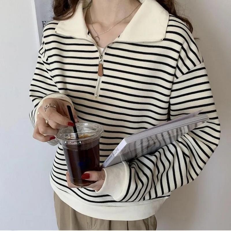 Damen Petites Gestreifte Kapuzenjacke mit Revers, Aprikot, Herbst 2024 Langarm Pullover