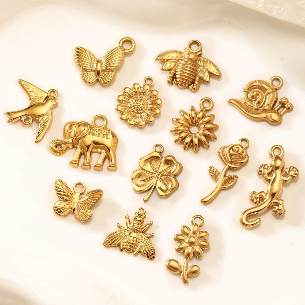 3Pcs Flower&Insect Charms Stainless Steel Exquisite Butterfly/Bee/Rose/Scarab Pendant Necklace Earring Dangle DIY Jewelry Making