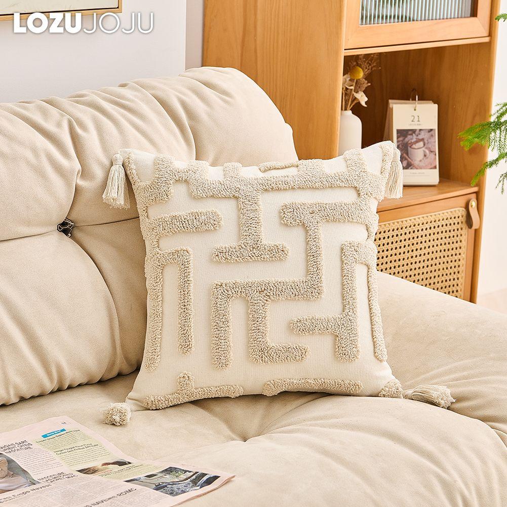 1PC LOZUJOJU Beige Soft Cushion Cover Bohemian Tassel Style Tufted Embroidered Pillowcase for Sofa Living Room Bedroom Home Decor