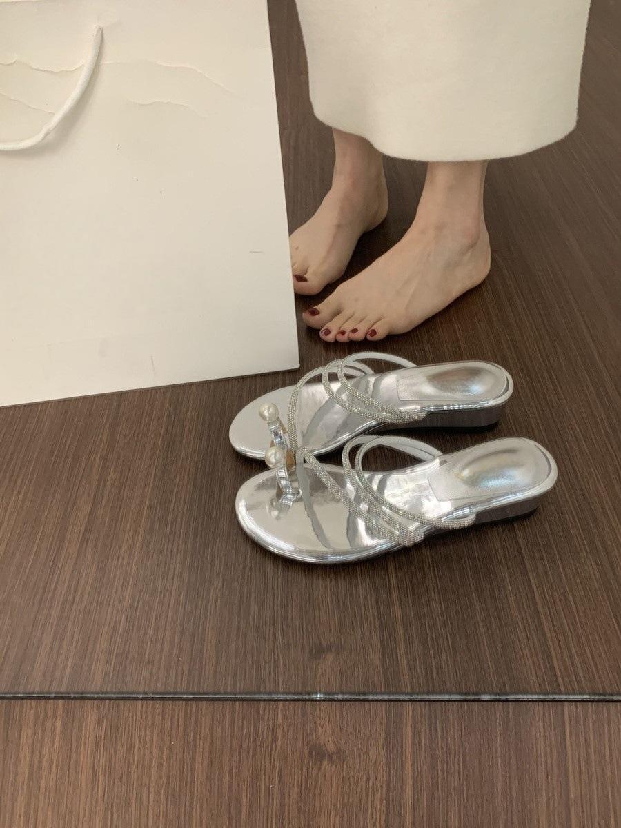 

With skirt fairy style French wedge heel cover toe cool slippers woman wearing summer rhinestones word with beautiful sandals woman 39