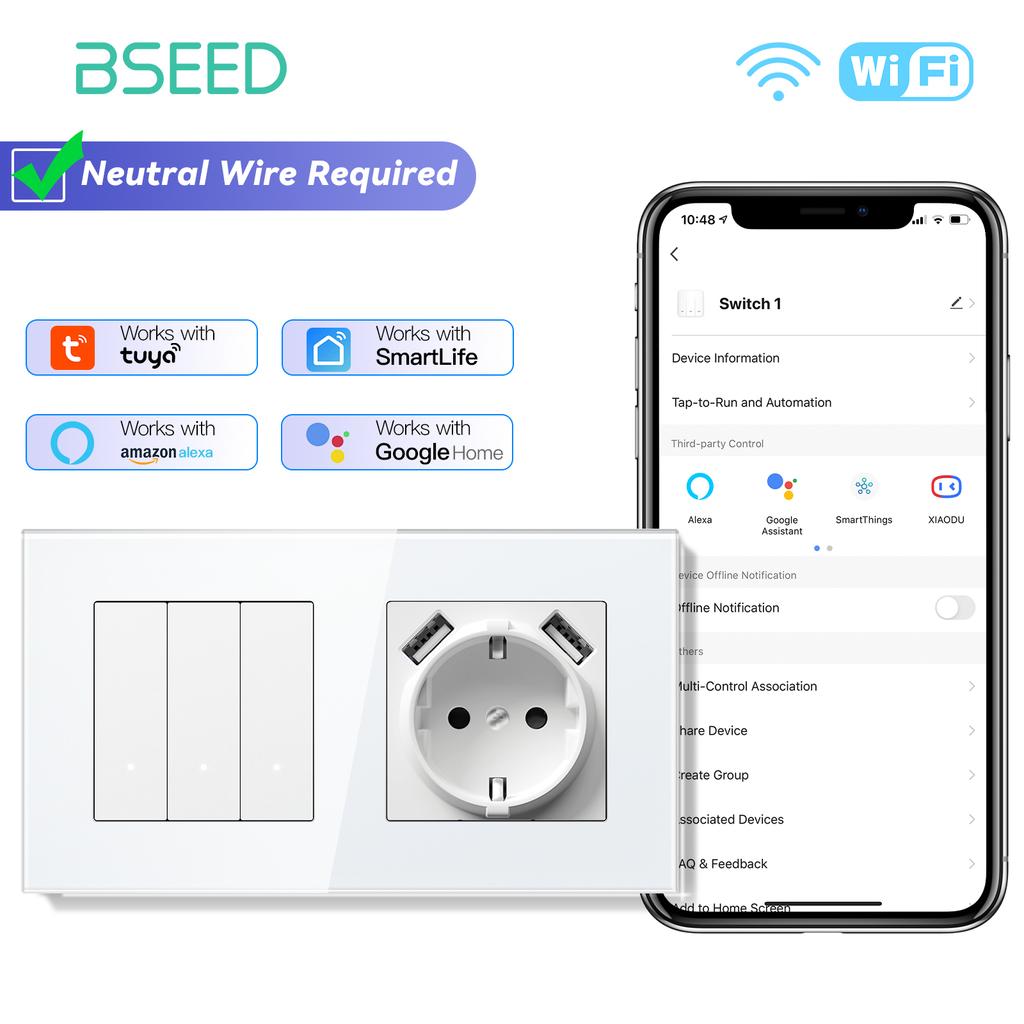 BSEED Wifi Wall Smart Switches 1/2/3/4Gang Mechanical Click Buttons Tuya Smart Life App With EU Power Sockets USB Glass Frames