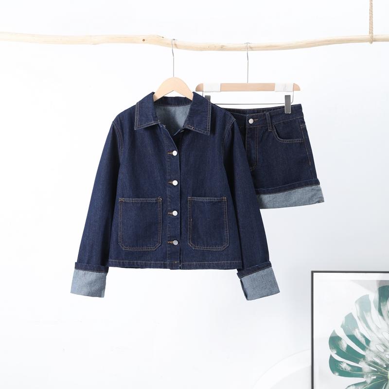 

Лоскутная джинсовая женская юбка костюмы отложной воротник однобортное пальто мини юбки 2025 весна новая мода леди комплекты из 2 предметов S джинсовый синий