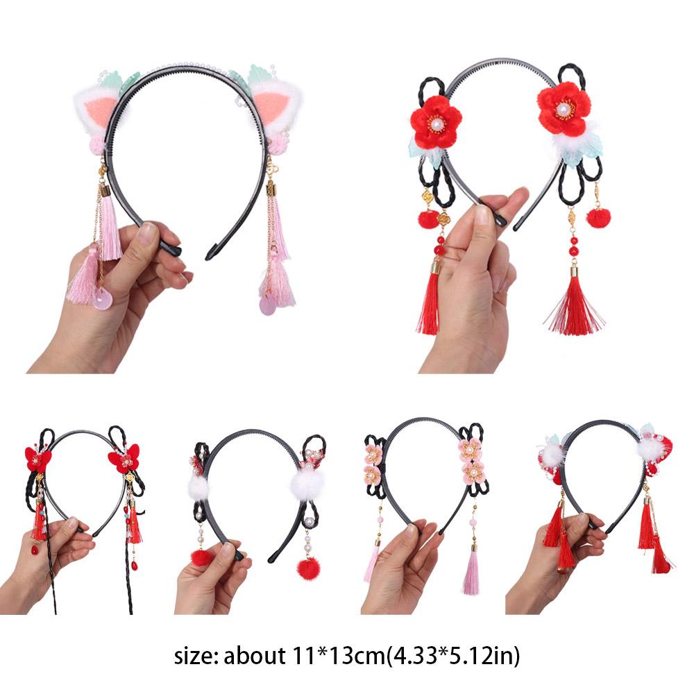 Red Hanfu Wig Headband Pearl New Year Headwear Traditional Flower Tassel Headband  Children