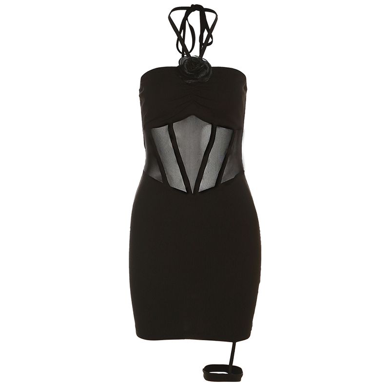 # Sisjuly# Sexy Fishing Series Sexy Chic Sheer Mesh Slim Fit Patchwork Small Waist Halterneck Dress Women