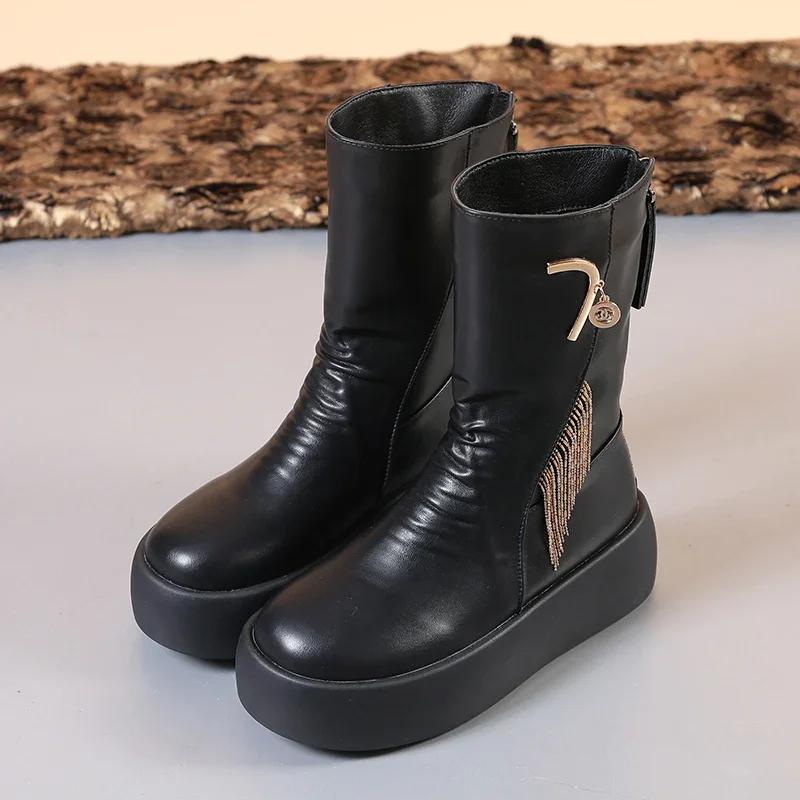 Fashion Ladies Shoes 2024 High Quality Back Zip Women's Boots Fashion Metal Decoration Modern Boots Women Winter Tassel Mid-Calf Boots