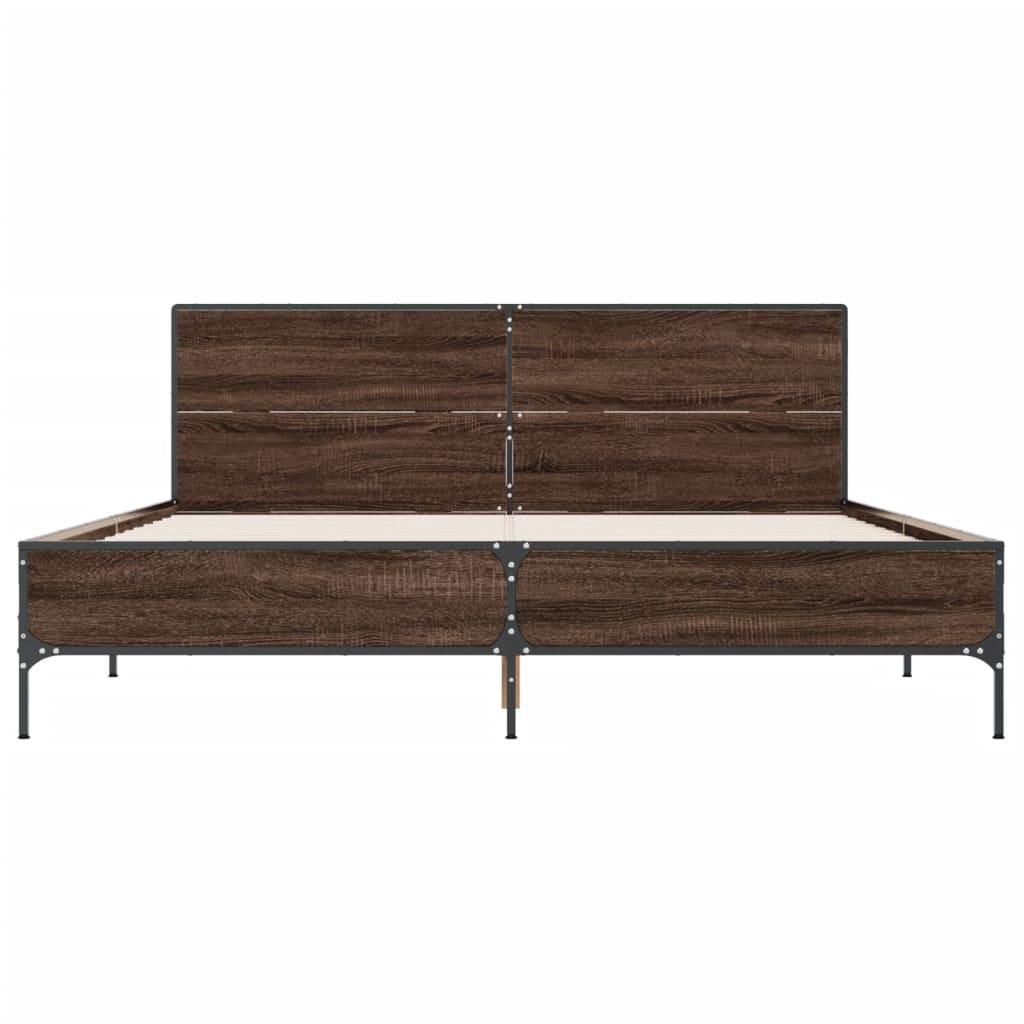 Brown Oak Effect Bed Frame 135 x 190 cm Wood Based Panel & Metal