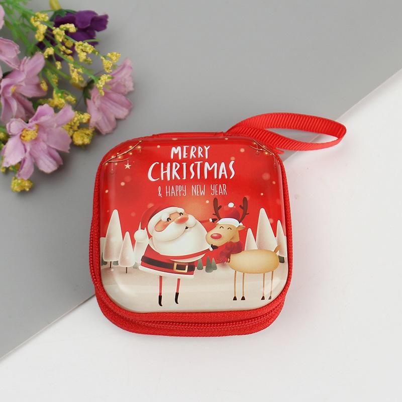 Square Christmas Zipper Tinplate Coin Purse and Key/Earphone/Data Cable Storage Box