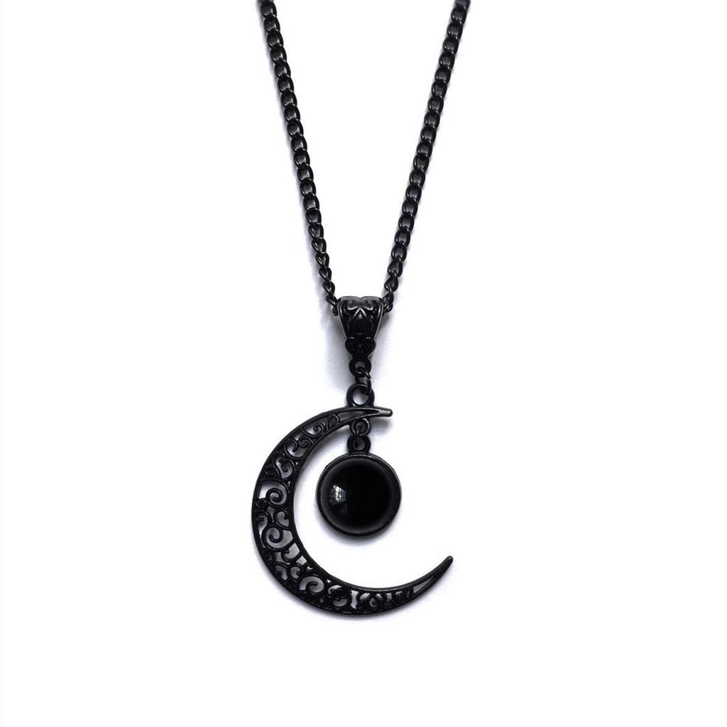 Bohemian Gothic Black Flower Silk Crescent Moon Necklace