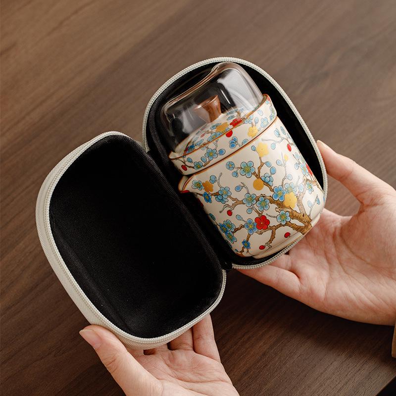 Golden Plum Ru Kiln Portable Tea Set: Quick-Brew Pot with Four Cups for Outdoor Camping and Kung Fu Tea