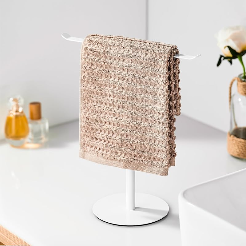 Black Hand Towel Holder Stand – Countertop T-Shaped Stainless Steel Towel Rack with Non-Slip Base for Vanity and Kitchen