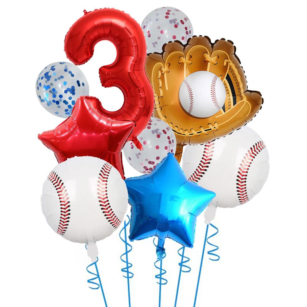 9pcs Baseball Themed Aluminum Foil Balloon Set 32inch Digital Pentagram Glitter Ball Children's Birthday Party Decoration