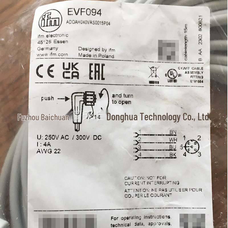 Brand New EVF094 Ifm Sensor Accessory Connection Cable, High Protection Class, In Stock