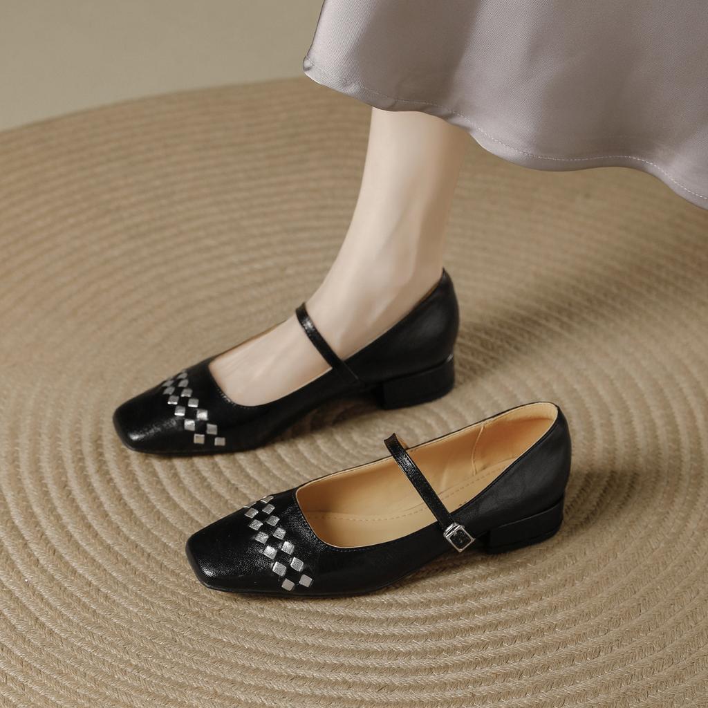 French Silver Square Head Single Shoes Women's Low Heels Autumn 2025 New One-word Buckle Versatile Mary Jane High Heels