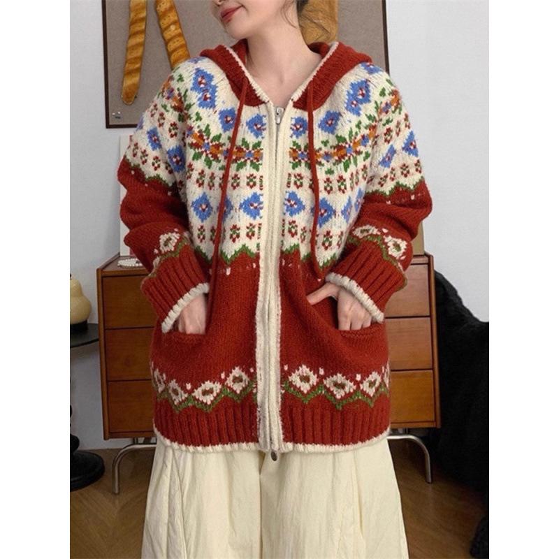 Women's Korean-Style Color Block Fair Isle Hooded Knit Cardigan - Autumn/Winter Versatile Loose Fit Sweater.