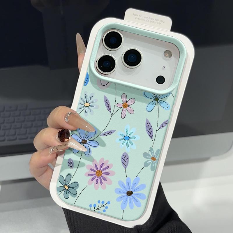 

Watercolor Flowers Print Case For iPhone 17 Pro Max iPhone 16 15 14 13 Pro Max 11 17e 16e Luxury Leather Texture Soft Silicone Matte Cover iPhone 16E/17E синий