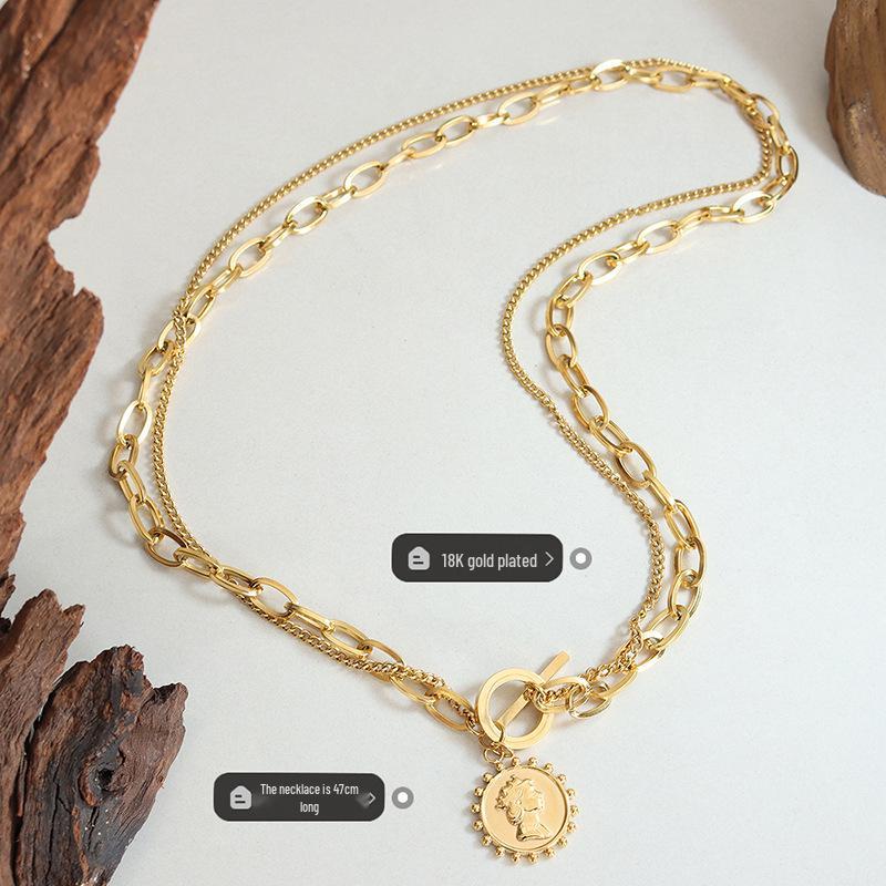 European Style 18K Gold Plated Titanium Steel Queen Portrait Double Layer Necklace