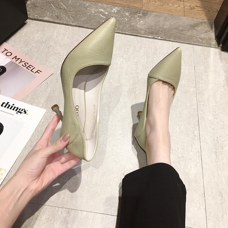 

Pointed toe shallow mouth single shoes new black small leather shoes women s professional work work stiletto high heels 39 зелений