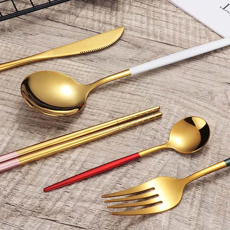 Nordic Stainless Steel Steak Knife Fork Spoon Teaspoons Chopsticks 5 Pieces Set Mirror Frosted Luxury Kitchen Tableware Set Home Party Dinnerware Set