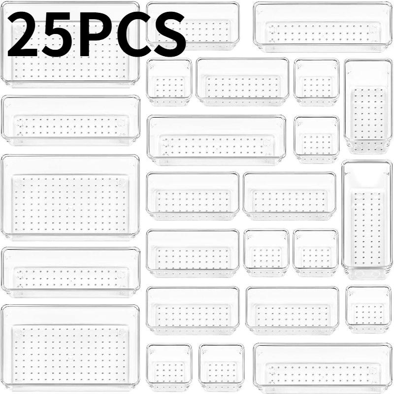 

Набор из 25 прозрачных пластиковых коробок-органайзеров для ящиков стола, набор для организации рабочего стола, разделители для ящиков, коробка для хранения косметики, студенческих принадлежностей