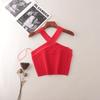 American Fashion Brand Cross Hanging Neck Cami Summer Rib Solid Sexy Short Knitted Top Women