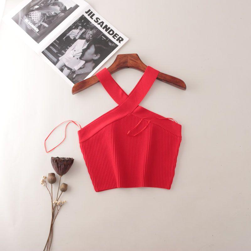 American Fashion Brand Cross Hanging Neck Cami Summer Rib Solid Sexy Short Knitted Top Women