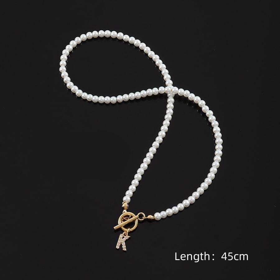 Zircon Crystal Initial A-Z Letter Pendant Necklace for Women Toggle Clasp Imitation Pearls Necklaces Wedding Jewelry Gift