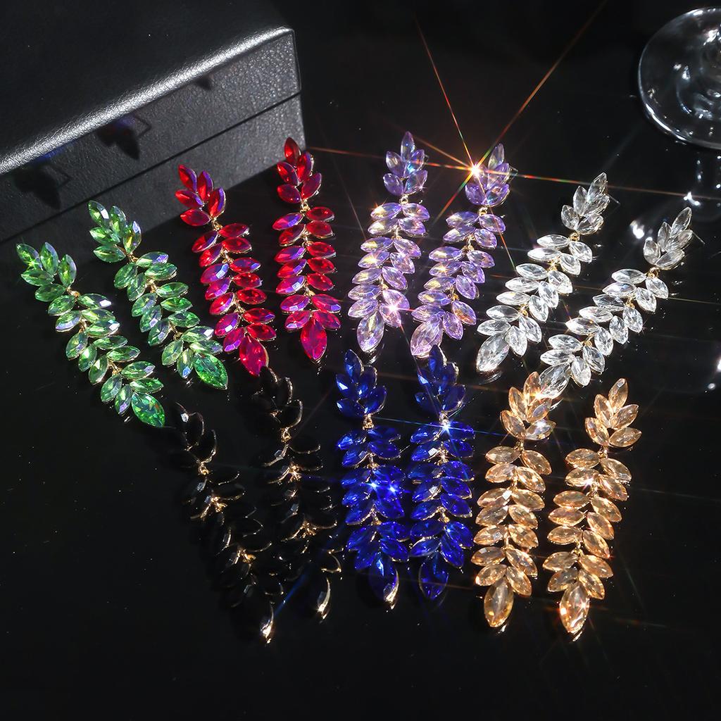 Color Glass Rhinestone Long Earrings Women Luxury Earrings Pair