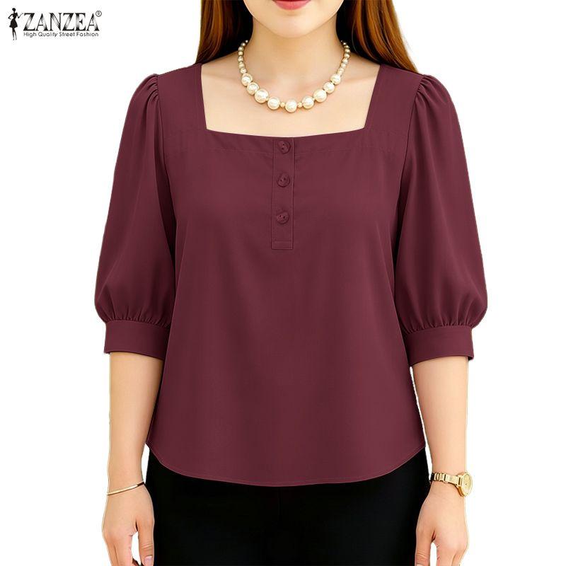 ZANZEA Women Square Collar Solid Color Casual 3/4 Sleeve Blouse