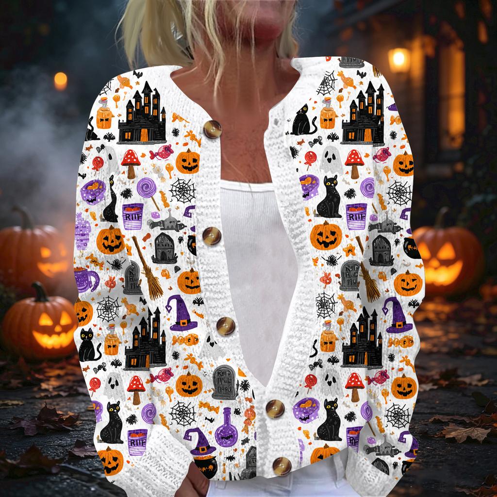 Damen Halloween Print Langarm Strickjacke Knopfleiste Oberbekleidung