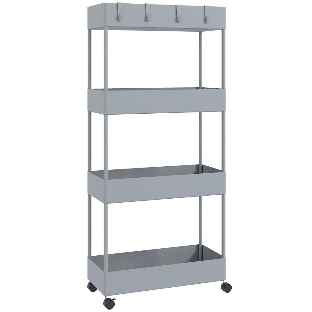 Kitchen Cart with 4 Shelves, 4 Flexible Hooks, 4 Wheels, 40 Cm X 19 Cm X 90 Cm, Narrow Gap Cart, Grey