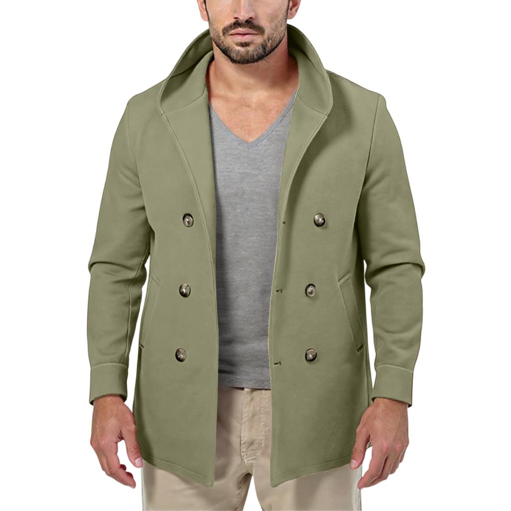 Men's Mid Length Lapel Hooded Double Breasted Casual Windbreaker