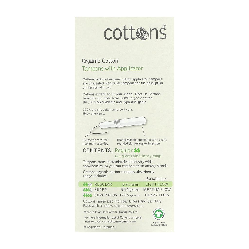 Cottons, organic cotton, tampons, applicator included, regular, 16 tampons