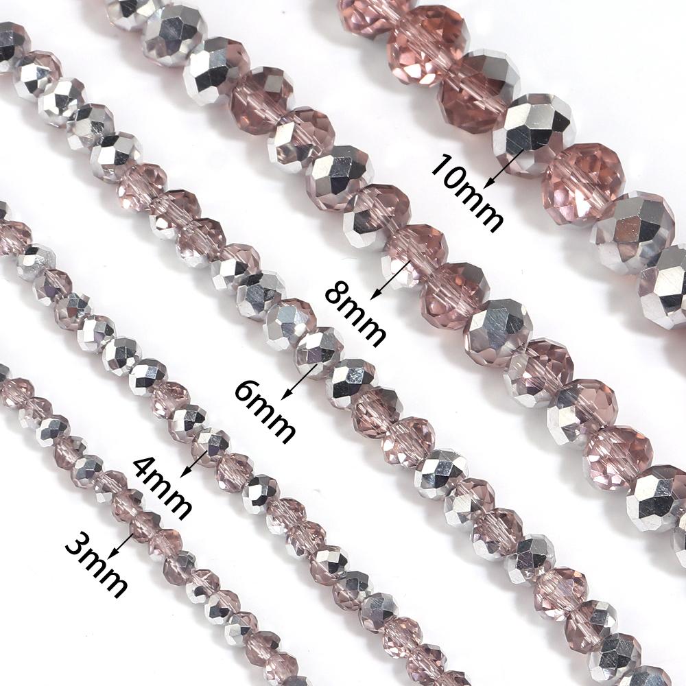 1 Strand 3/4/6/8/10mm Faceted Crystal Beads Pink Rhodium Rondelle Glass Loose Beads For Jewelry Making DIY Bracelets Necklace