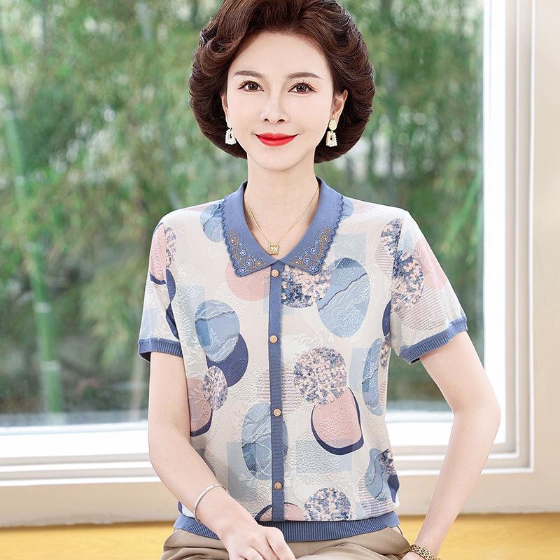 Mid-aged Mom Summer Ice Silk Short-Sleeve Lapel Top - Stylish & Loose for Middle-Aged Women