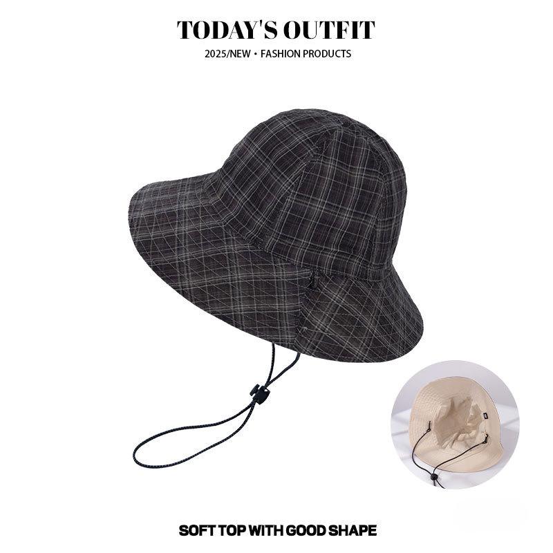 Japanese Style Retro Plaid Double Sided Fisherman's Hat New Fashionable Outdoor Large Brimmed Sun Hat Sun Protection Basin Hat Trendy