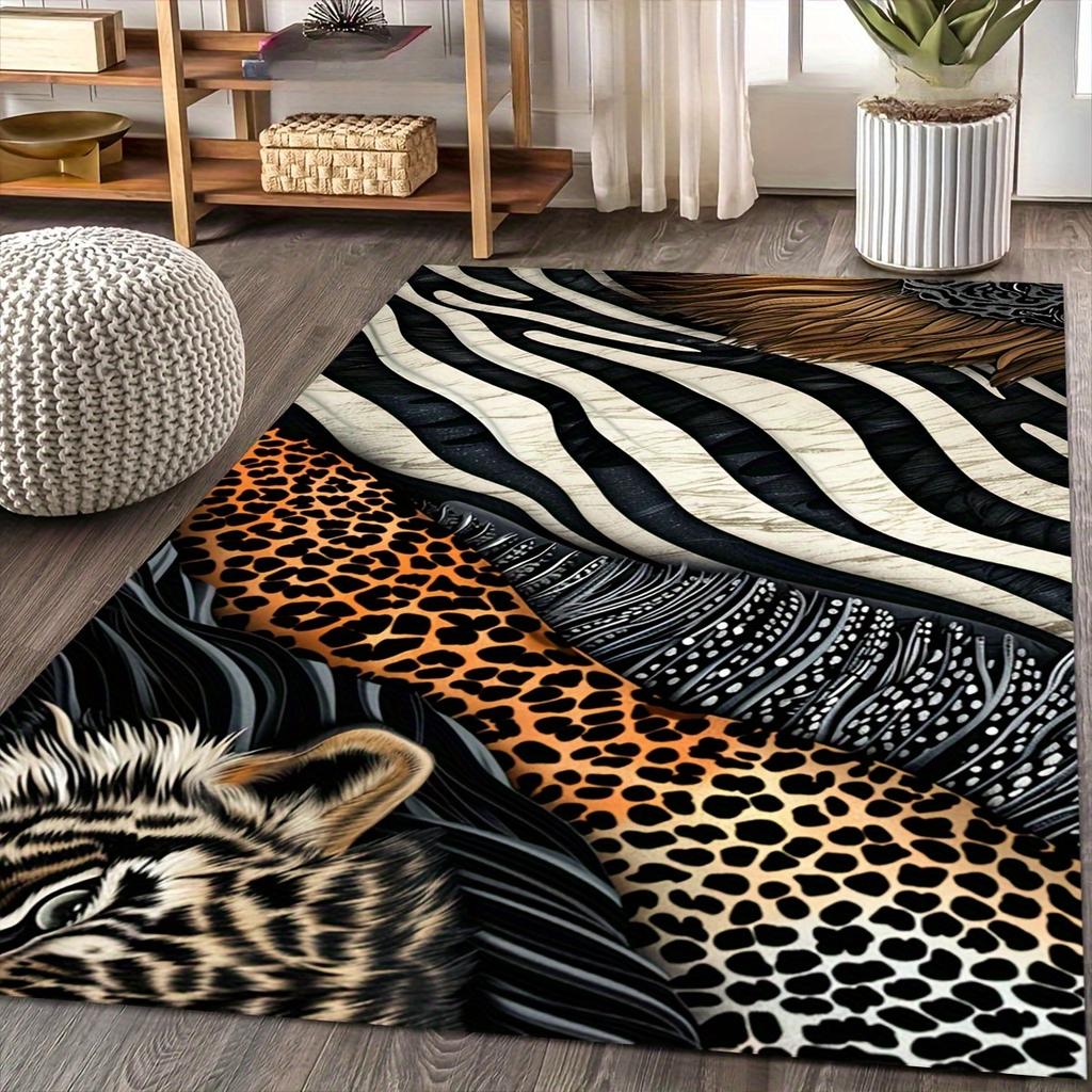 Animal Print Area Mat Non Slip Machine Washable Polyester Flannel Zebra Leopard Pattern Living Room Bedroom Office Holiday Decor