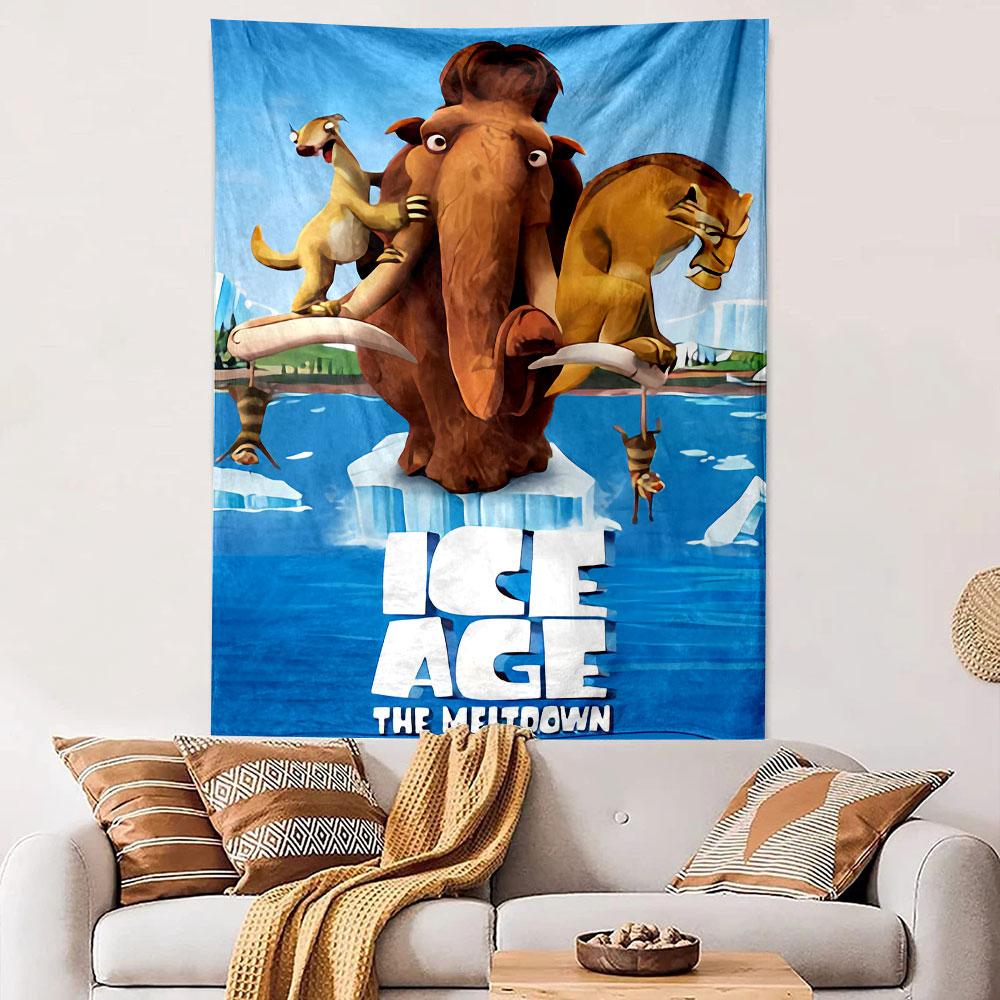 Ice Age The Meltdown Tapestry Wall Hanging, Sid Manny Diego Cartoon Movie Art, Fun Family Wall Decor for Kids Bedroom Playroom