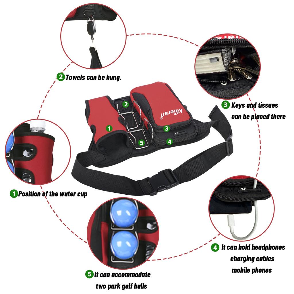 Kaiers Park Golf Waist Bag Lightweight Sports Waist Bag with Double Ball Clip Park Ball Comes with Cleaning Towels Water Bottle