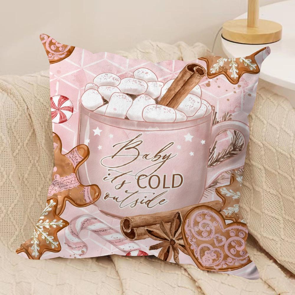 Christmas Pink Gingerbread Cushion Cover Silky Short Plush Invisible Zipper Dustproof Sofa Pillow Case For Home Decor