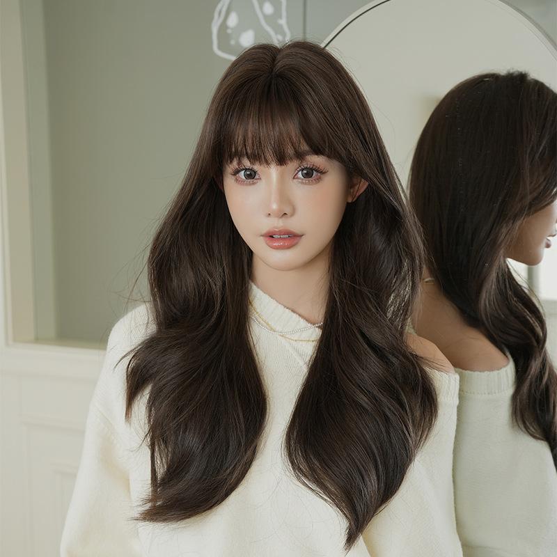 Women’s Fashion Long Curly Wig with Blunt Bangs Natural Looking Big Waves Synthetic Full Wig