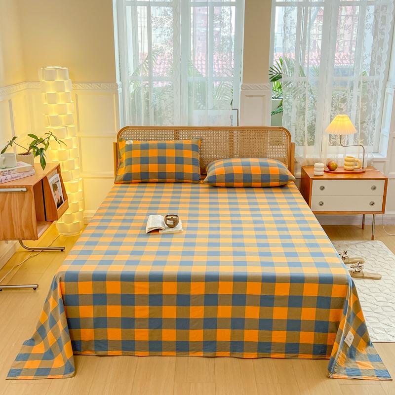 3Pcs 100% Cotton Simple Plaid Pattern Bed Sheet Set Skin-friendly Comfortable Geometric Printed Flat Sheet with Pillowcases