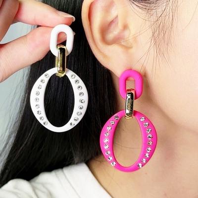 1 Pair Candy Geometric Oval Color Hollow Shape Dangle Earrings Rhinestones Inlaid Exaggerated