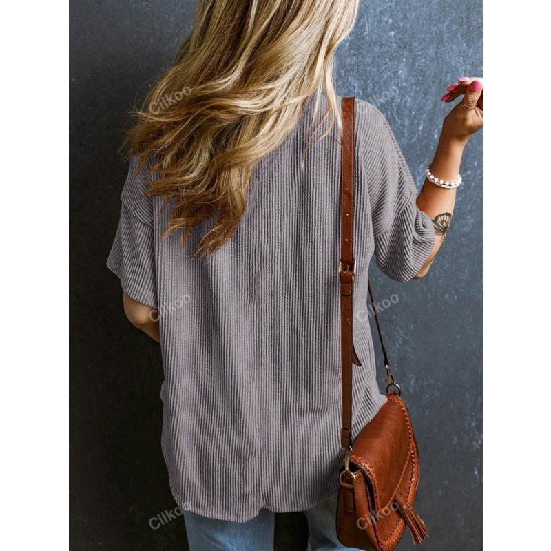 YYFS Women's Fashion Casual Solid Color Print Summer Spring Short Sleeve V-Neck Blouses & Shirts