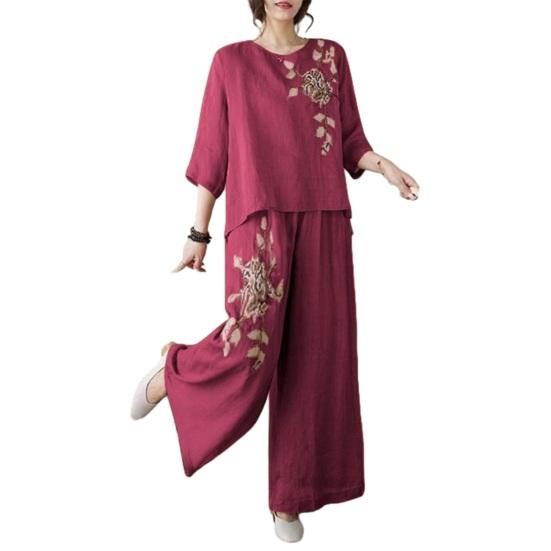 Conjuntos Femininos de 2 Peças Mangas 3/4 Camisas Bordadas Vintage Calças de Perna Larga Conjunto de Verão Algodão Linho Casual Conjunto Combinando